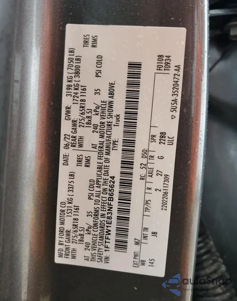 2022 Ford F150 Supercrew z USA, uszkodzony, nr VIN 1FTFW1E83NFB65624